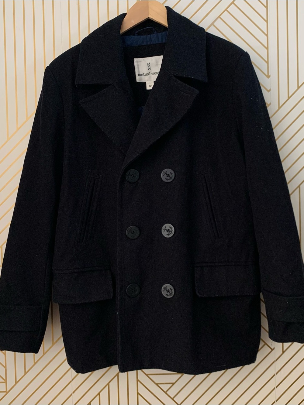 Mutual Weave Wool Blend Double Breasted Pea Coat black quilted lining black L